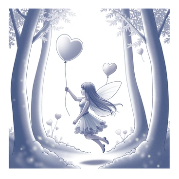A fairy with delicate wings is positioned in the center of a magical forest. She has long flowing hair and is dressed in a gown made of leaves and petals. Surrounding her are several heart-shaped balloons that float gently around her, adding a whimsical touch to the scene. The forest is filled with tall, slender trees and intricate foliage, creating a lush environment. Soft, dappled light filters through the canopy, casting gentle shadows on the forest floor.