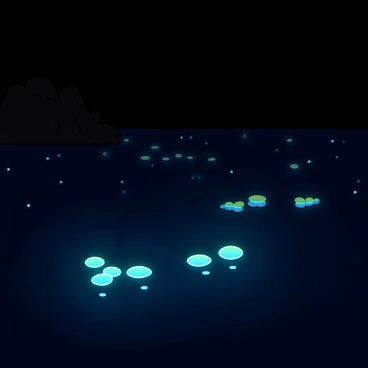 A dark ocean scene at night, featuring a bioluminescent display of glowing phytoplankton. The water is illuminated with bright blue and green lights, creating a shimmering effect on the surface. Small waves gently ripple through the water, reflecting the light of the phytoplankton. In the foreground, a few clusters of glowing phytoplankton are concentrated, while in the background, the ocean fades into darkness. The scene captures the contrast between the vibrant colors of the bioluminescence and the deep, dark ocean.