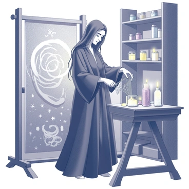 A witch stands focused in her secret workshop. She has long, flowing hair and wears a long, dark robe adorned with symbols. In her hands, she holds a loom, intricately weaving threads together. The tapestry taking shape features swirling patterns and ethereal designs, representing various dreams. Surrounding her are shelves filled with jars containing mysterious ingredients and glowing crystals. Soft light emanates from candles placed around the room, illuminating the space with a warm glow.