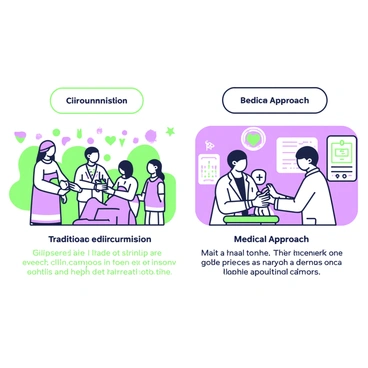 Two illustrations are displayed side by side, each depicting different cultural approaches to circumcision. On the left, a traditional ceremony is shown in an outdoor setting, where a group of people dressed in cultural attire are gathered around a central figure performing the circumcision. Colorful decorations adorn the scene, and there are symbols representing the culture in the background. 

On the right, a medical approach is illustrated in a clinical environment. A doctor in a white coat is seen performing the procedure, with medical instruments neatly arranged on a sterile tray. A medical chart is positioned nearby, detailing the procedure and patient information. The surroundings include medical equipment and charts on the wall, highlighting the clinical nature of this approach. Each illustration features labels explaining the cultural significance and medical context in clear text.