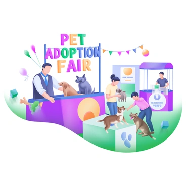 A scene depicting an event planner standing at a central booth with the words "Pet Adoption Fair" in large, colorful letters above. Surrounding the booth, there are various animals, including dogs and cats of different breeds, sitting in designated areas. Families are interacting with the animals, with children gently petting a playful puppy and a parent talking to a vendor about adoption processes. Colorful decorations such as balloons and banners can be seen throughout the area, creating a lively atmosphere. Several additional booths are set up nearby, showcasing information on pet care and adoption.