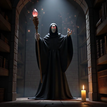 A dark wizard casting a spell in a dimly lit tower room