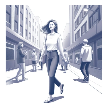 A woman is walking down a bustling city street. She is dressed in a chic, everyday outfit that includes a fitted blouse and tailored trousers. Her hair flows gently as she walks, and she carries a stylish handbag. Surrounding her are people engaged in various activities, with tall buildings flanking the street. Streetlights cast shadows on the pavement, creating a lively urban atmosphere. Some pedestrians are looking at their phones, while others are enjoying conversations.