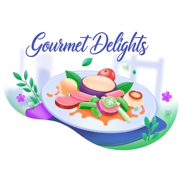 A modern pastel illustration of a beautifully arranged plate of gourmet food, showcasing an elegant composition of colorful ingredients. The plate is filled with vibrant vegetables, delicately sliced meats, and artfully drizzled sauces. Surrounding the plate are small decorative herbs and edible flowers, adding a touch of freshness. The background displays a softly blurred table setting, hinting at an upscale dining environment. The words "Gourmet Delights" appear in stylish typography above the plate.
