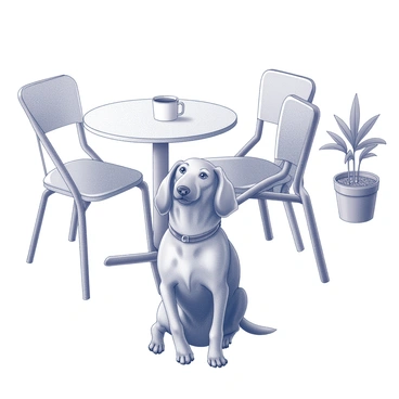 A dackel sitting patiently on the ground beneath a café table. The dog has long ears and a slender body, with a calm expression on its face. Next to the dackel, there is a cup of coffee resting on the table. The table has a simple design with four legs and a round top. The scene suggests a relaxed atmosphere, with the café surrounded by chairs and a few potted plants in the background.