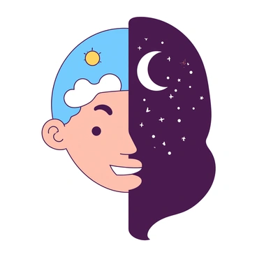A face is divided down the middle, with "day" depicted on the left side and "night" on the right side. The left side has bright features, showcasing a "blue sky" with fluffy white clouds and a glowing sun above the eye. The skin tone is warm and light, accentuated with a cheerful smile. The right side of the face contrasts sharply, exhibiting dark features with a "starry sky" filled with twinkling stars and a crescent moon above the eye. This side has a cooler skin tone, shadowed with a subtle frown. Each half is distinct yet seamlessly blended at the center where the division occurs.