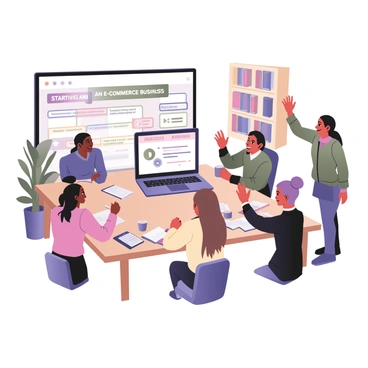 A digital flat illustration depicting a live online workshop. In the center, a large laptop screen displays a colorful presentation about "Starting an E-commerce Business." There are multiple participants shown as small, stylized figures around the laptop, with diverse appearances and outfits, attentively looking at the screen. Some participants are taking notes, while others have their hands raised as if asking questions. On the table in front of the laptop, there are notebooks, pens, and a coffee cup. The background features a simple room setting with a bookshelf filled with business books and a plant in the corner, creating a cozy and inviting atmosphere for learning.