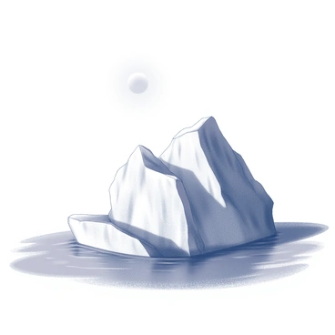 A massive iceberg floats in a cold, clear sea. The iceberg features sharp, jagged peaks and a smooth, reflective surface. The sea is calm, with gentle ripples surrounding the base of the iceberg. Above, a bright sun casts defined shadows on the iceberg, emphasizing its size and texture. The sky is clear, creating a stark contrast with the icy structure.