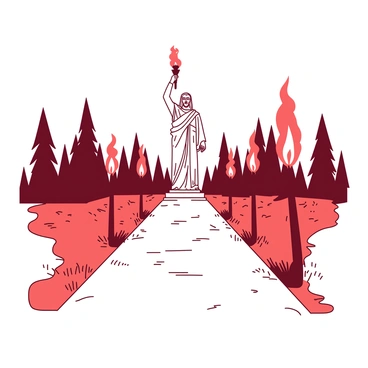 A pathway lined with red torches is leading toward a large statue. The statue, made of white stone, is holding a torch high above its head, casting a warm glow. The pathway is surrounded by lush green grass, and shadows from the torches dance on the ground. In the background, there are faint outlines of trees that frame the scene, creating a sense of depth and focus on the illuminated pathway and the majestic statue at the end.