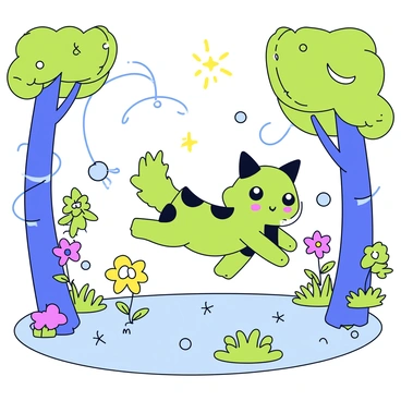 A whimsical fantasy creature with pied patterns is playfully jumping among the tall, vibrant green trees in a magical forest. The creature has large, expressive eyes and a fluffy tail that sways behind it. Colorful flowers with varying shapes dot the forest floor, while soft rays of sunlight filter through the leafy canopy above. The background features twisted vines and sparkling magical orbs floating in the air, enhancing the enchanting atmosphere of the scene.