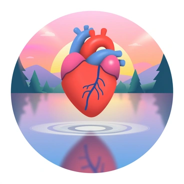 A 3D human heart is hovering in the air above a calm, reflective lake. The heart is detailed, showcasing the intricate textures and vascular structures. The lake's surface mirrors the heart's vivid colors, creating a symmetrical reflection. In the background, a vibrant sunset paints the sky with shades of orange, pink, and purple. The gentle ripples on the lake's surface add a sense of movement, while silhouettes of distant trees border the scene, framing the heart and lake against the dramatic sky.