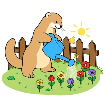 A small ferret with soft, light brown fur is standing on its hind legs in a tiny garden. The ferret is holding a bright blue watering can with both paws, tilting it to water the small colorful flowers scattered around. Among the flowers, there are yellow daisies, red tulips, and purple pansies, all blooming vibrantly in the garden. The background features a patch of green grass and a wooden fence, with a few butterflies fluttering around the flowers. The sun is shining brightly, casting gentle shadows on the ground.