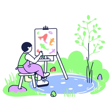 A child is sitting on a small stool, painting a canvas that features koi fish. The child has short hair and is wearing an apron splattered with paint. The canvas is propped up in front of them, showcasing several koi fish in different poses. The pond is visible nearby, with water reflecting the sky above. Reeds and grasses frame the pond's edge, and a few colorful rocks are scattered on the ground around the child. In the distance, a couple of trees can be seen, their branches gently swaying.