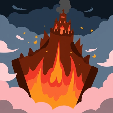 A fortress made of molten rock and iron, towering with jagged edges. The fortress is surrounded by a glowing, fiery chasm that emits bright orange and red flames. The molten rock flows down the sides of the fortress like lava, with occasional sparks flying into the air. Billowing smoke surrounds the structure, creating an atmosphere of heat and intensity. The sky above is dark and filled with swirling ash, contrasting the vibrant colors of the flames below.