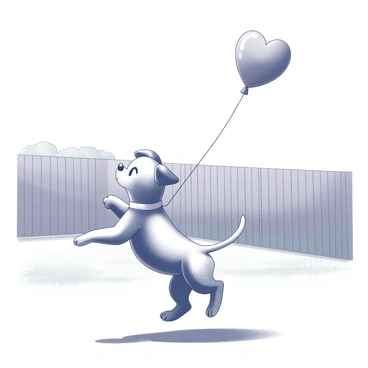 A playful puppy with floppy ears and a wagging tail is leaping into the air. The puppy is trying to catch a "flying heart-shaped balloon" that is drifting upward. In the background, there is a well-maintained backyard with green grass and a wooden fence. The sun is shining brightly, casting clear shadows on the ground. The scene captures the joy and energy of the puppy's playful nature as it interacts with the balloon.