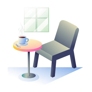 An empty wooden chair with a dark finish is positioned at a small round table. Next to the chair, there is a white ceramic cup filled with steaming coffee, with a saucer beneath it. The cup has a simple design, and a small silver spoon rests on the saucer. Sunlight streams through a nearby window, casting soft shadows on the floor, creating a warm atmosphere. The scene suggests a moment of pause, as if someone is waiting for a friend to arrive.