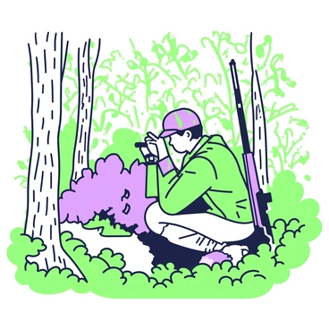 A hunter wearing a camouflage outfit is positioned among the trees in a dense forest. He is crouched slightly, focused on looking through a rifle scope. The hunter's face is partially obscured by a camouflage cap, and he has a determined expression. A well-kept rifle rests against a tree trunk beside him. Surrounding him are tall trees with thick trunks and a variety of underbrush, creating a rich texture of leaves and branches in the background. Sunlight filters through the foliage, casting dappled shadows on the forest floor.