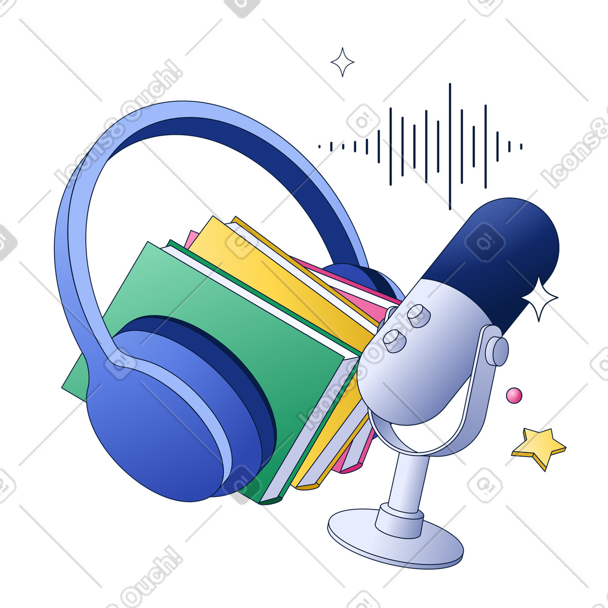 Illustration Casque avec livres et micro podcast, concept de livre audio podcast dans le style Neat à télécharger aux formats PNG, SVG