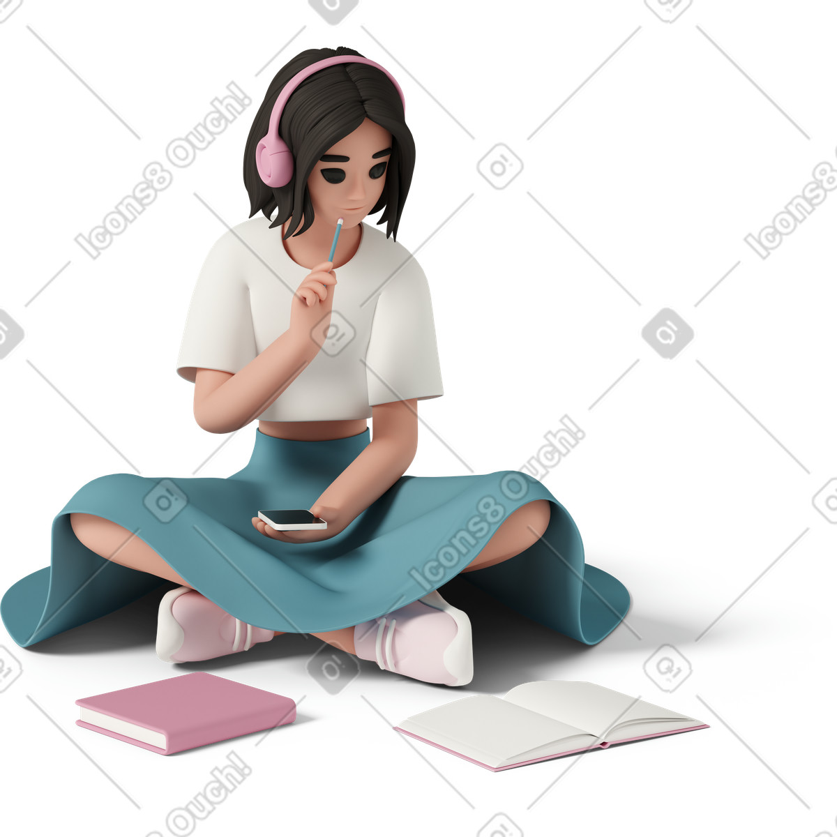 Young woman sitting on floor with headphones illustration college clipart graphics vector images