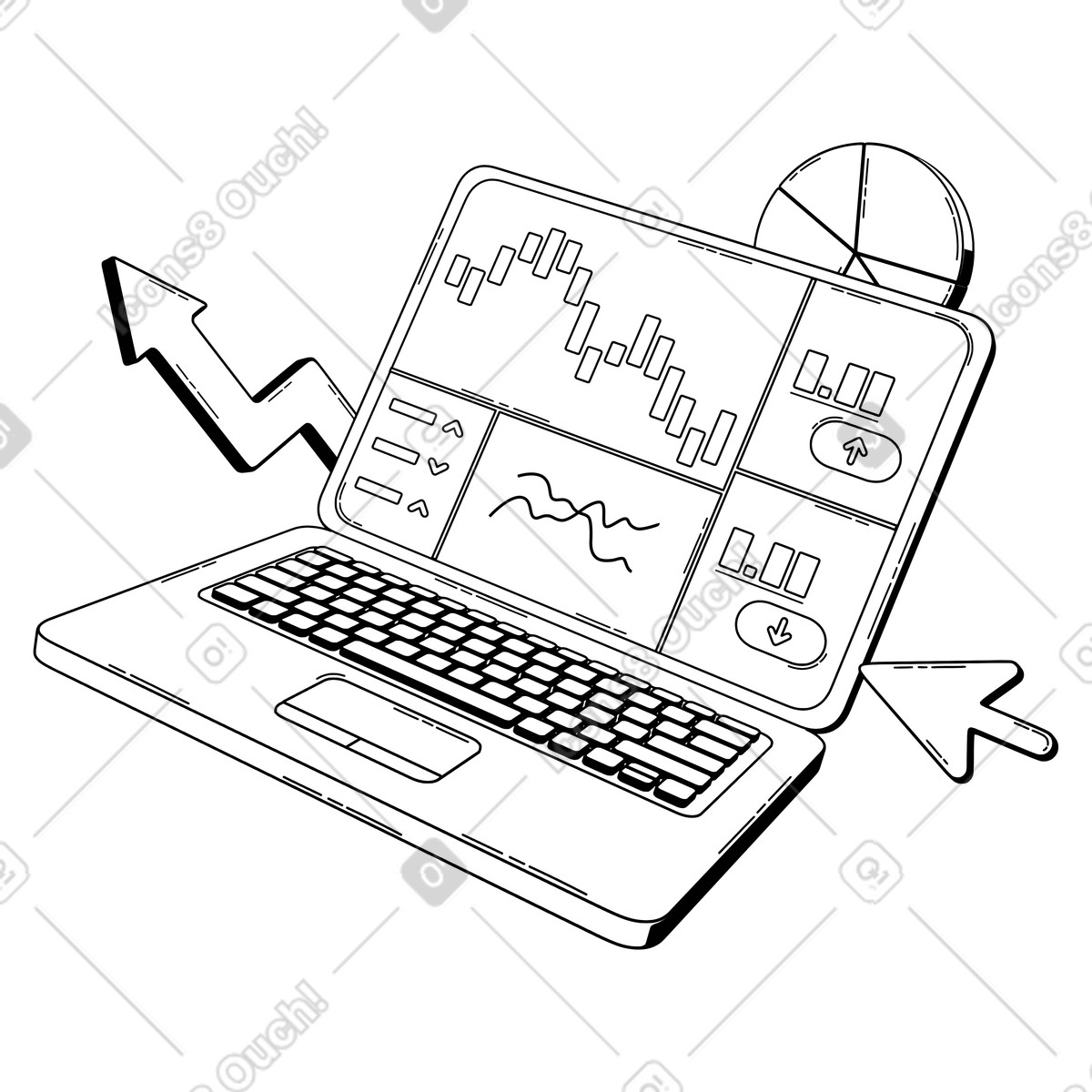 Grafici finanziari sullo schermo del laptop, piattaforma di trading azionario online illustrazione animata in stile 3D Techny Line scaricabile in GIF, Lottie (JSON), AE