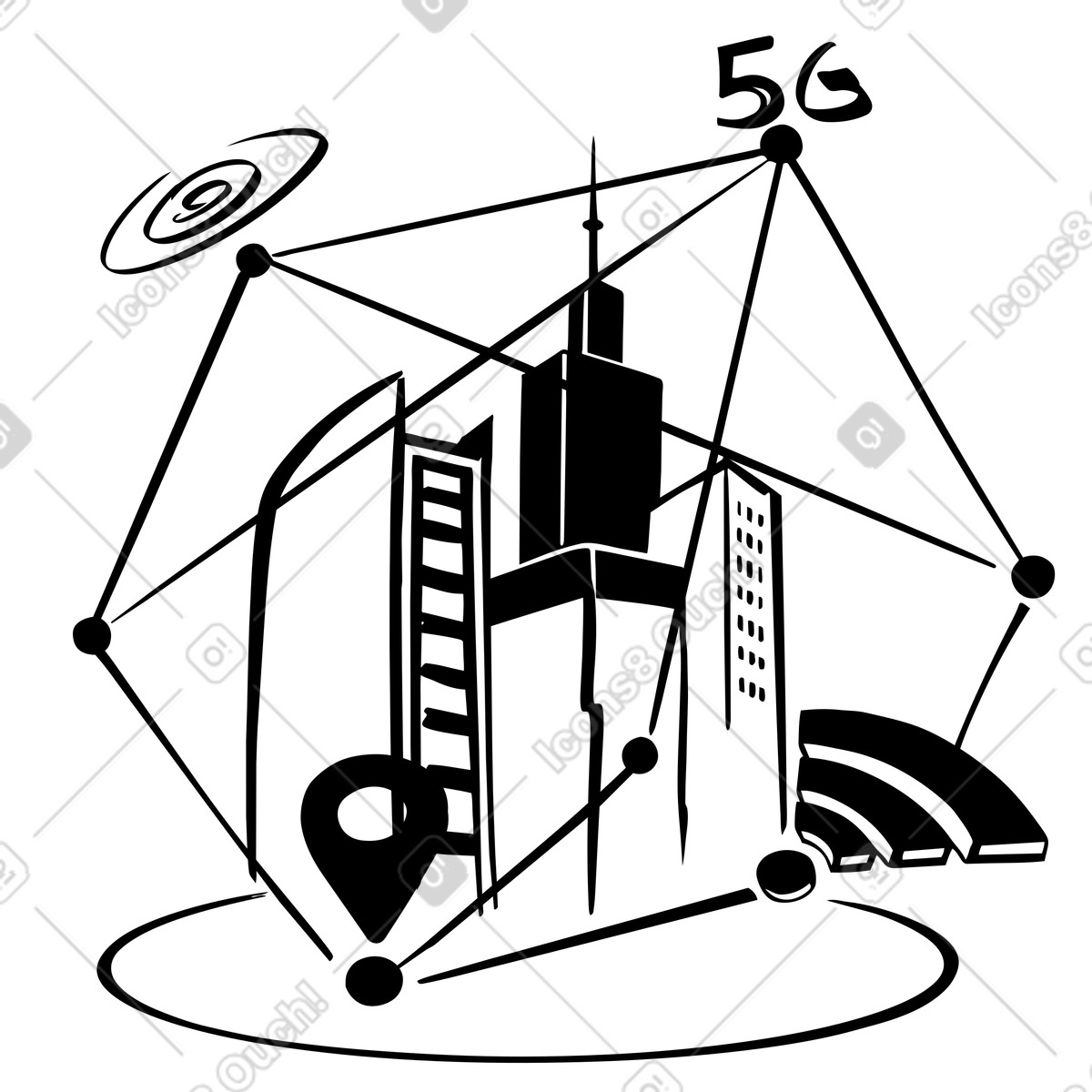 Line 스타일의 Smart City of the Future, Urban nfrastructure and IoT connectivity 일러스트레이션 PNG, SVG 다운로드