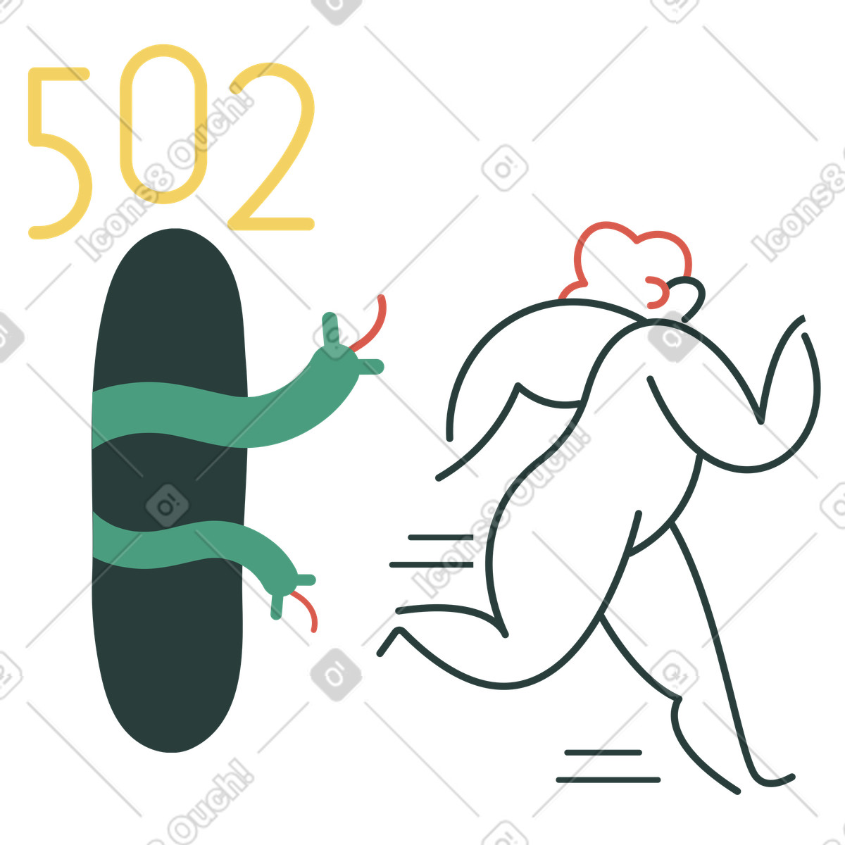 下载 Macaroni 风格的 Escape from teleport with dangerous snakes, 502 bad gateway concept 插画，支持 PNG、SVG 格式