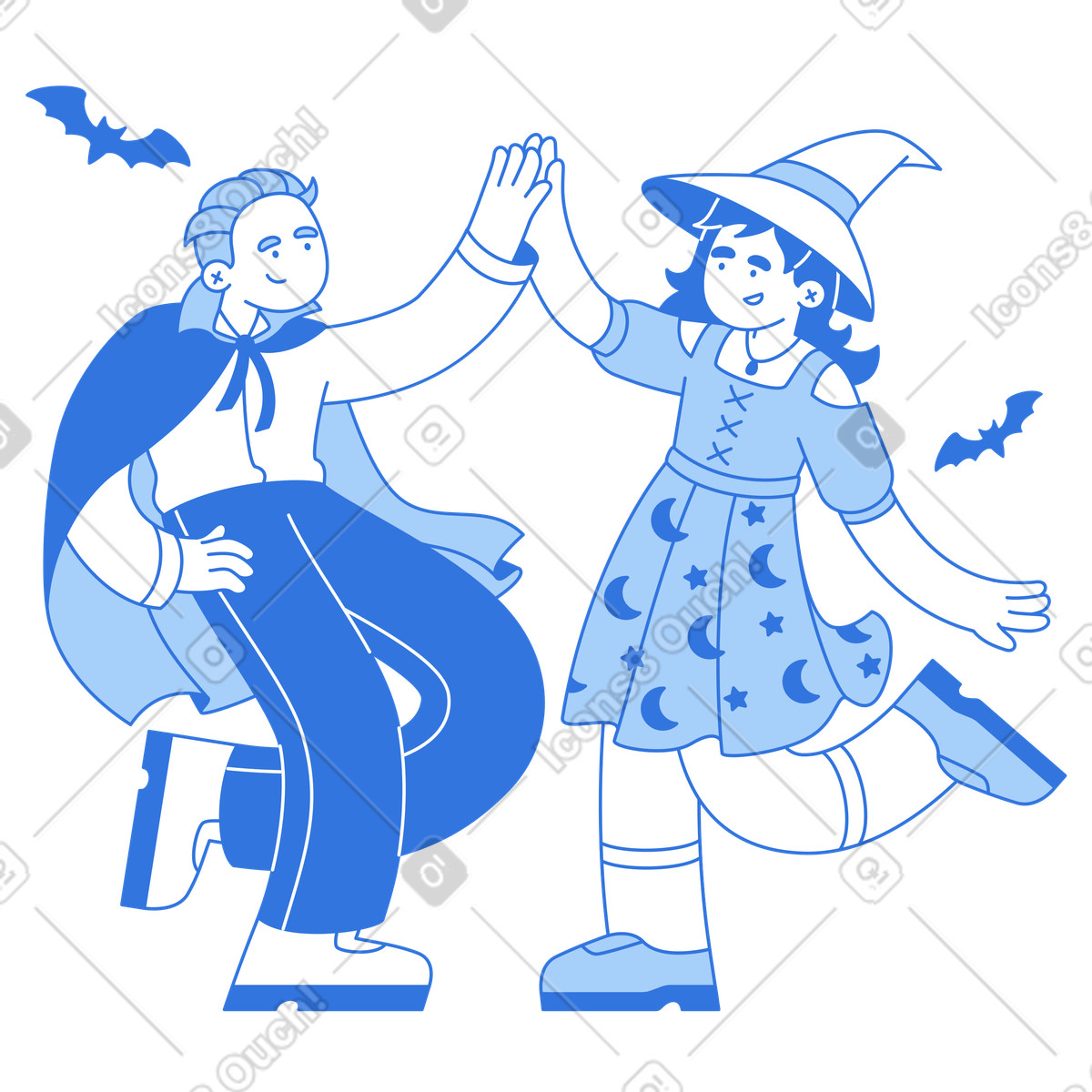 Ilustración Friends high-fiving in Halloween costumes, party celebration en estilo Sky a descargar en PNG y SVG