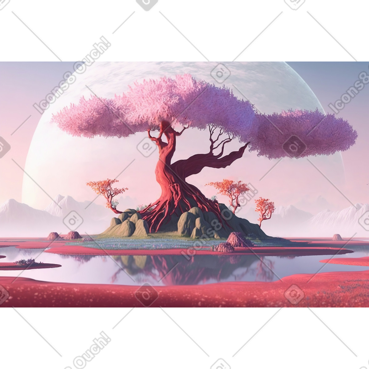 Tree in the middle of a fantasy landscape background illustration Experimental style download PNG, SVG