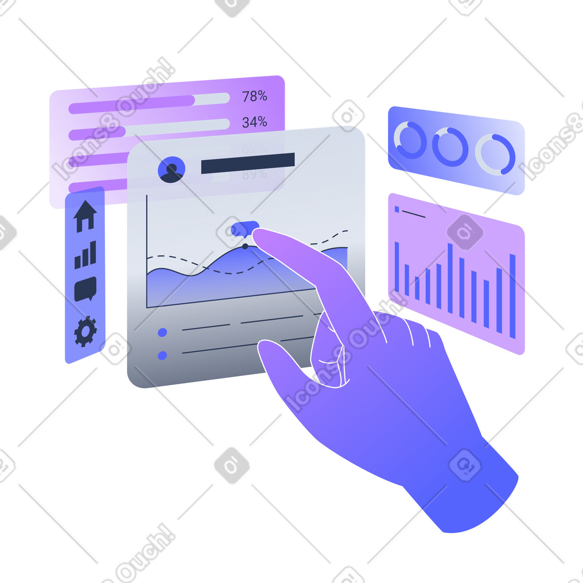 Analyzing statistics in interactive dashboard animated illustration in Lucent style download in GIF, Lottie (JSON), AE
