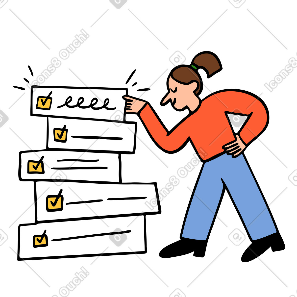 Aufgaben auf checkliste erledigen, aufgabenerledigung oder produktivitätskonzept-Illustration im Comic-Stil als Download in PNG, SVG