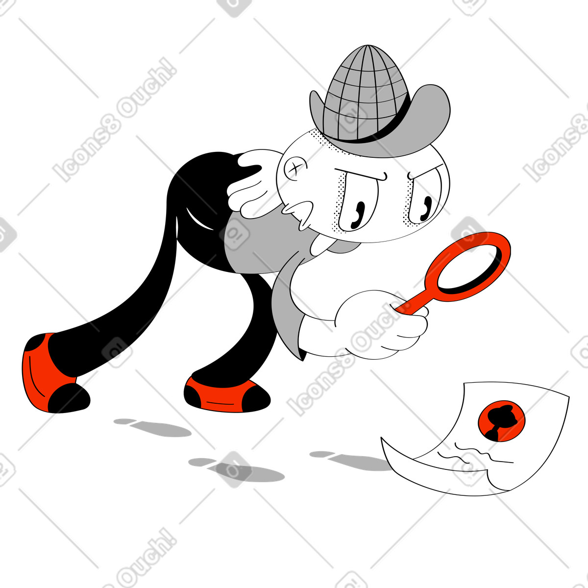 Ilustración Reclutador con sombrero de detective buscando al candidato adecuado en estilo Looney a descargar en PNG y SVG
