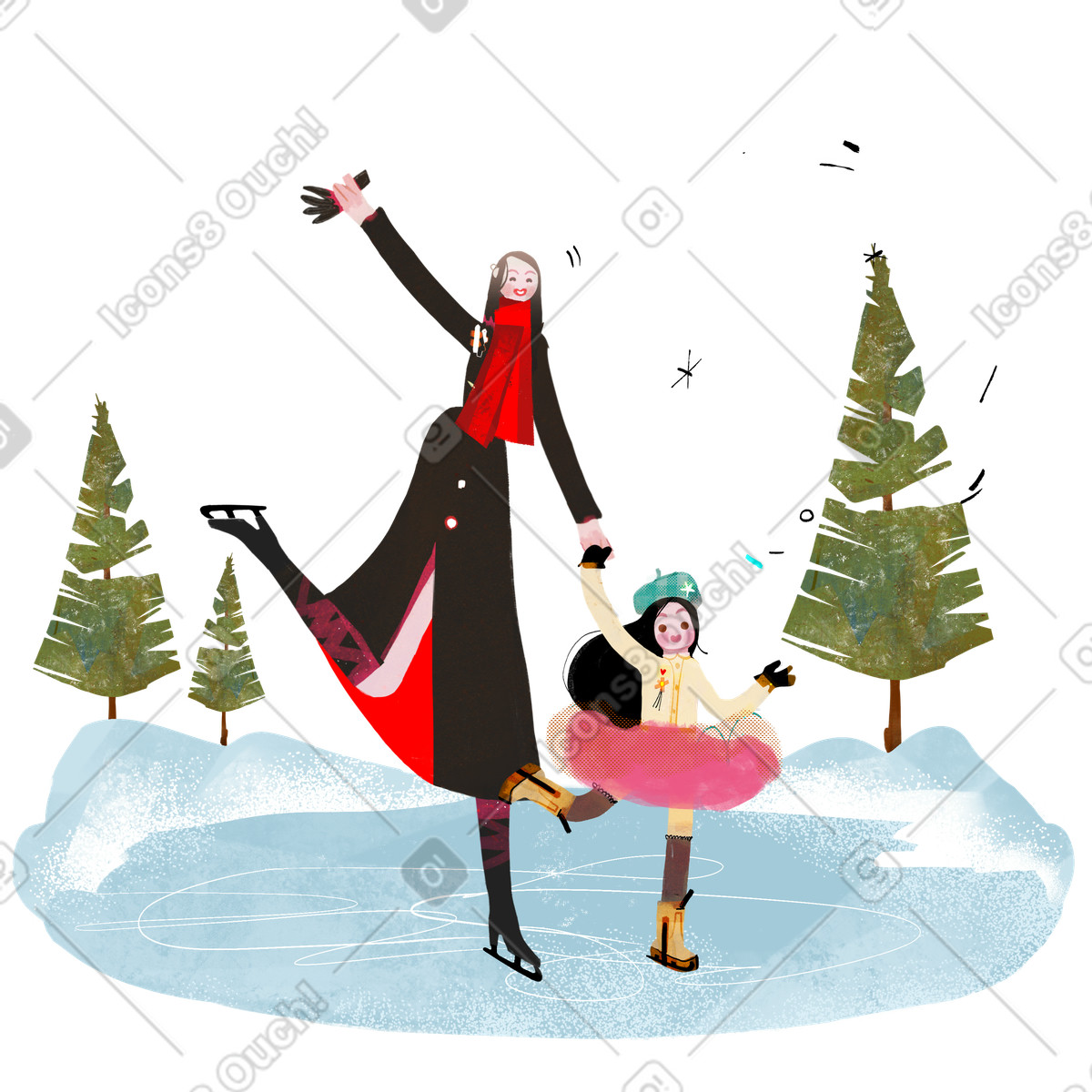 Ilustración Feliz madre e hija de patinaje sobre hielo en estilo Fabulous a descargar en PNG y SVG