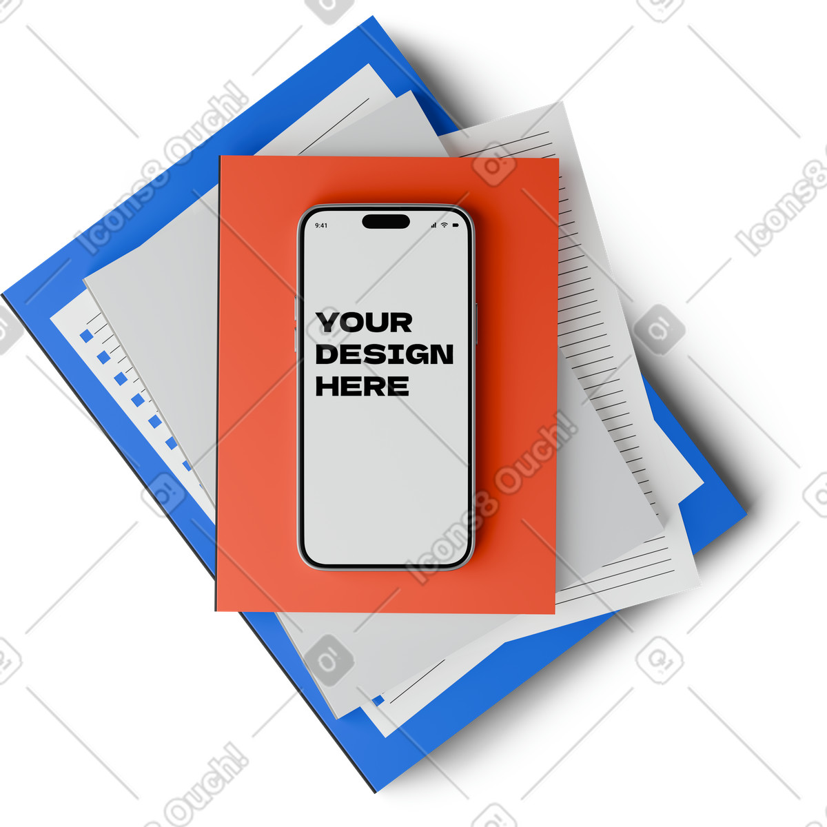 Top view of smartphone mockup lying on a pile books illustrazione in stile 3D Hygge scarica in PNG, SVG