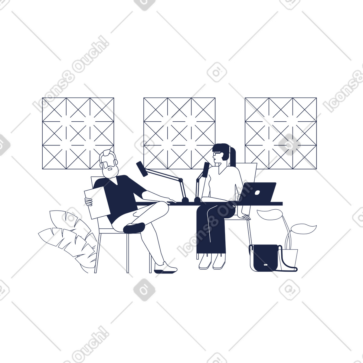 Urban Line スタイルの Interview setup with microphones and laptops, Digital audio media workflow のイラストをPNG、SVG形式でダウンロード