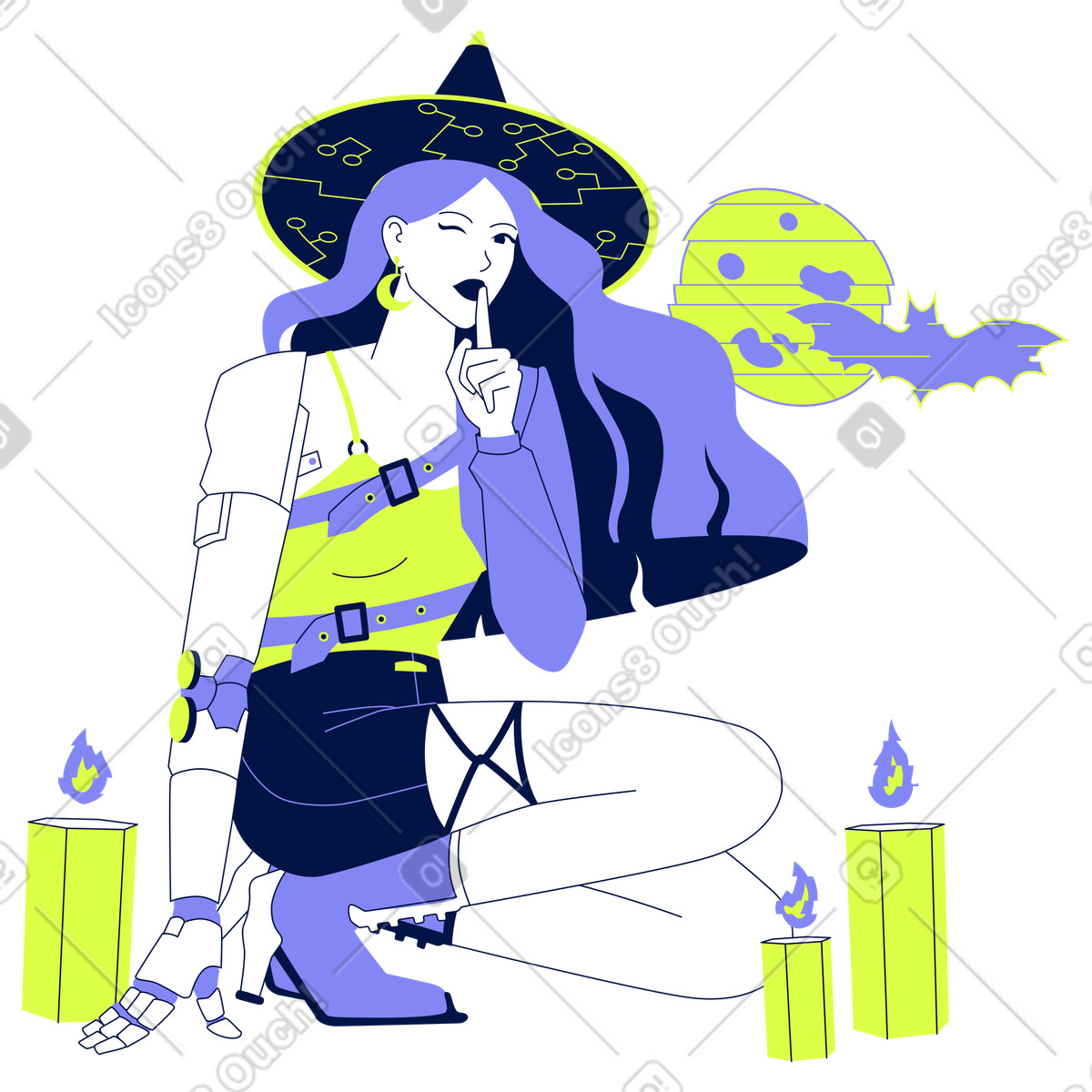 Attributi di cyber strega e halloween illustrazione in stile Glow scarica in PNG, SVG