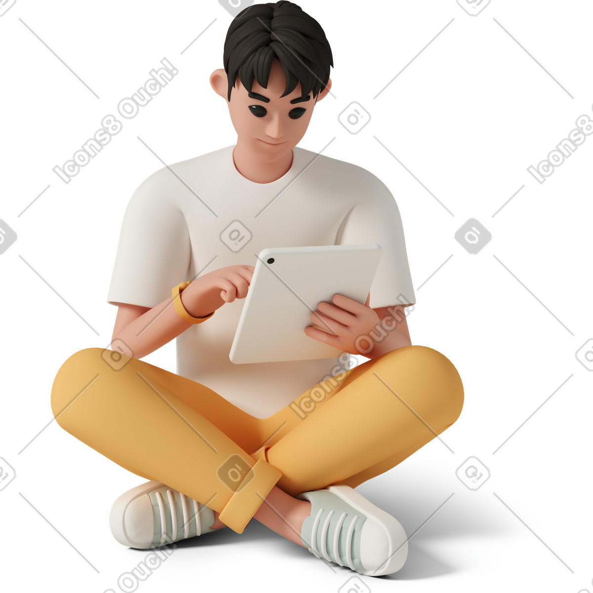 Man working on tablet and sitting floor-Illustration im 3D Casual life-Stil als Download in PNG, SVG