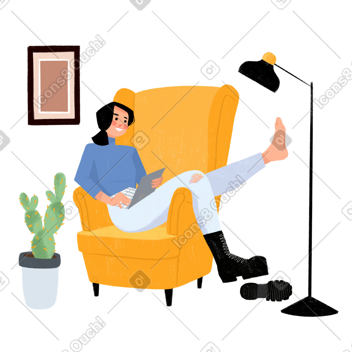 Ilustração de Freelancer sentado em poltrona amarela e trabalhando casa no estilo Experimental para baixar PNG, SVG