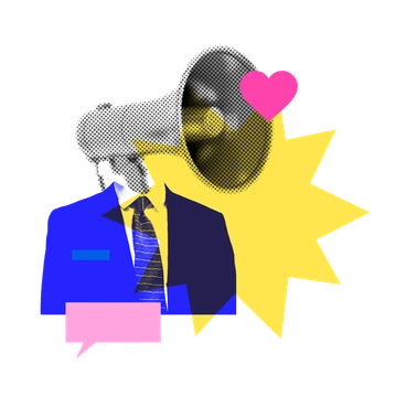 A man with a megaphone and colorful shapes - Print style illustration