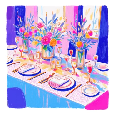 A wedding reception table is elegantly set with a white lace tablecloth. There are several wine glasses, each reflecting light, arranged symmetrically around the table. In the center, there are tall floral centerpieces filled with vibrant roses, lilies, and greenery, all artfully arranged in glass vases. Each place setting includes a folded napkin, a plate with ornate designs, and a small card with names. Soft candlelight emanates from various candle holders scattered along the table.