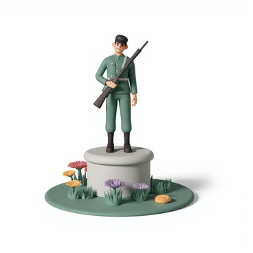 A toy soldier statue, wearing a classic green uniform and a black cap, stands heroically on a small stone pedestal. The soldier has a determined expression and is holding a toy rifle upright. Surrounding the pedestal, vibrant flowers in various colors such as red, yellow, and purple bloom, adding a lively touch to the scene. Lush green grass covers the ground, and a few small bushes are positioned nearby, creating a picturesque garden setting. A gentle breeze rustles the leaves of the surrounding plants, enhancing the serene atmosphere.