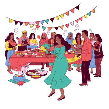 A diverse group of people is gathered in a vibrant setting to celebrate their cultures during a festival. There are individuals wearing traditional attire representative of various cultures, showcasing intricate patterns and designs in a variety of colors. In the foreground, a woman in a teal dress is dancing joyfully, while a man in a red shirt plays a musical instrument nearby. Colorful decorations, such as banners and flags in different shapes, are hanging above the crowd, adding to the festive atmosphere. Tables filled with an assortment of foods from various cultures are positioned around the scene, with people sampling dishes and sharing laughter. The energy of unity and celebration is palpable among the attendees.