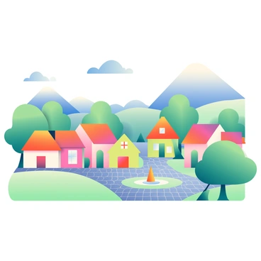 A quaint village is nestled among rolling hills. The village features a collection of small, colorful houses with triangular roofs and square windows. Cobblestone paths wind between the houses, leading to a central square with a fountain. A couple of trees with simple geometric shapes stand beside the path, and a blue sky with a few fluffy clouds stretches overhead. In the distance, small mountains create a beautiful backdrop to the scene, adding depth to the village landscape.