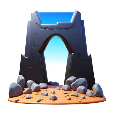A striking "obsidian archway" with a glossy, reflective surface. The archway is tall and imposing, with sharp edges and intricately carved designs on its surface. Surrounding the archway is a "barren, rocky landscape" filled with jagged stones and sparse vegetation. The ground is uneven, showcasing various shades of brown and gray, while scattered pebbles and small rocks create a rugged terrain. A clear blue sky above contrasts with the dark archway, highlighting its presence in the desolate setting.