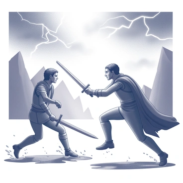 A dramatic scene unfolds as two figures face each other in a fierce duel. The hero stands tall, gripping a sword with their right hand, while the arch-nemesis, equally determined, wields a menacing dagger in their left. Dark clouds loom overhead, and flashes of lightning illuminate the tension in the air. Rain pours down, creating splashes as they move, with water pooling around their feet. Each character is dressed in rugged clothing that flutters in the wind. The expressions on their faces reveal determination and intensity, reflecting their long-standing rivalry. In the background, jagged silhouettes of mountains frame the scene, enhancing the sense of danger and drama in this climactic battle.