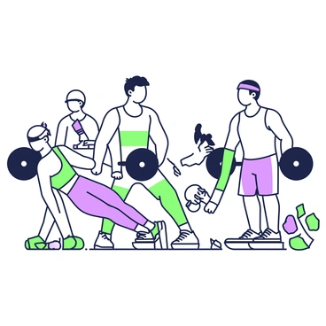 A group of athletes is participating in strength training exercises designed to enhance their bobsleigh performance. In the foreground, two male athletes are lifting heavy weights, demonstrating proper form while engaging their muscles. One athlete has short hair and is wearing a fitted tank top, while the other has a headband and wears athletic shorts. To the side, a female athlete performs explosive push-ups, showcasing her strength and agility. She has braided hair and is dressed in a sports bra and compression leggings. In the background, a coach is observing and providing guidance, taking notes on a clipboard. Various gym equipment, such as dumbbells and resistance bands, is scattered around the training area.