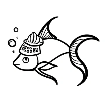 A betta fish with flowing fins gliding through the water, wearing a tiny samurai helmet. The helmet is detailed with intricate patterns and has a slight shine. Bubbles rise around the fish as it moves gracefully through an underwater scene. There are gentle waves created by its movements, highlighting the elegance of the fish.