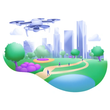 A drone hovering above a large city park, capturing a striking view that showcases the blend of urban and natural elements. In the foreground, lush green trees and colorful flower beds populate the park area. In the background, towering skyscrapers rise against the sky, reflecting sunlight with their glass facades. Well-maintained walking paths wind through the park, where people can be seen strolling, jogging, and enjoying the scenery. A serene lake reflects the skyline and surrounding greenery, enhancing the juxtaposition of nature and city life.