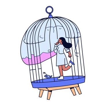 A birdcage with a delicate design crafted from thin, intricate metal bars. Inside the cage stands a woman with flowing hair, wearing a light, flowing dress that drapes around her. She gazes out through the bars towards a distant open sky, which is painted in soft pastel colors of blue and pink, suggesting the onset of dawn or dusk. The cage is positioned on a simple wooden stand, and a few scattered feathers are visible at the bottom of the cage.