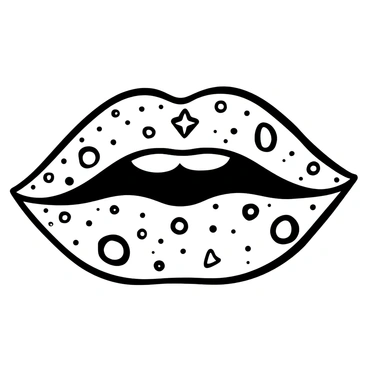 A close-up of a pair of lips decorated with tiny sparkling jewels and gemstones placed meticulously. The jewels glimmer in various shapes and sizes, creating an intricate pattern on the surface of the lips. The background is minimalist to emphasize the detailed decorations.