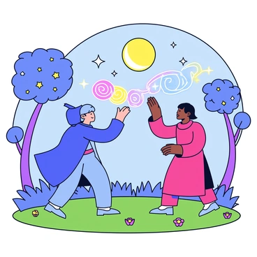 Two mages are facing each other in a dynamic duel. One mage has a long flowing cloak in deep blue, while the other wears a bright crimson robe. Both mages have their hands raised, casting spells that manifest as colorful, swirling magical energy. The ground beneath them is covered with green grass and dotted with glowing flowers. In the background, there are tall, fantastical trees with large, luminous leaves and a sky filled with shimmering stars and a glowing moon.